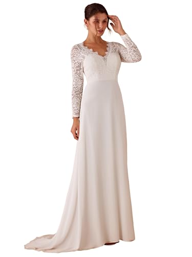 Ever-Pretty Vestido de Novia Largo de Encaje para Boda Civil Manga Larga Blanco 54