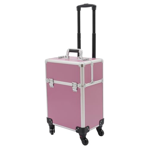 Eleeferri Rolling Makeup Train Case, Rolling Trolley Cosmetic Case, Portable Manicure Storage Case, Jewelry Travel Cosmetic Train Case with 4 Wheels for Manicurists Makeup Artists Pink