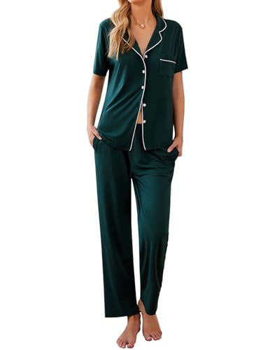 Image of Ekouaer Women Pajamas Set Button Down Sleepwear Short Sleeve Nightwear with Long Pants Soft Pjs Set S-XXL