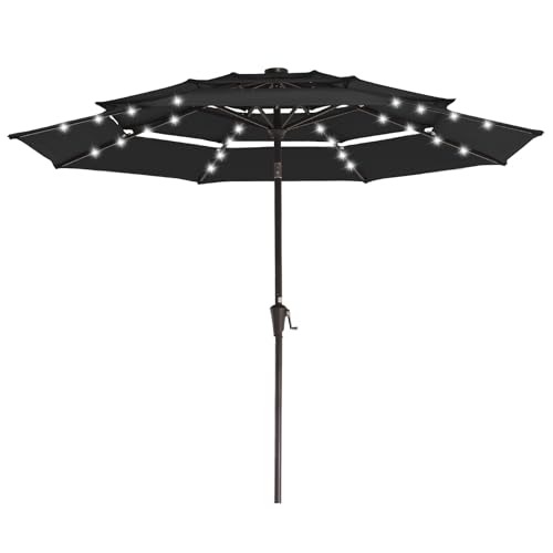 Image of JEAREY 3 Tiers Patio Umbrella with Solar Lights 9ft Outdoor Market Table Umbrellas with Push Button Tilt for Outside Pool Garden, Black