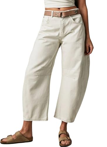 Womens Stretchy Mid Rise Barrel Jeans Vintage Loose Wide Leg Cropped Denim Pants Y2k Baggy Boyfriend Jeans (X-Large,Ivory)