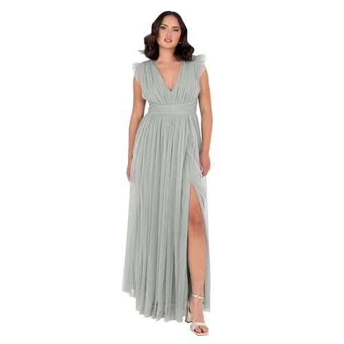 Anaya with Love Damen Women\'s Maxi Ladies V-Neck Short Sleeve Split Tulle A-line for Wedding Guest Bridesmaid Evening Occasion Ball Gown Dress, Frosty Green, 50 EU Anaya with Love Damen Women\'s Maxi Ladies V-Neck Short Sleeve Split Tulle A-line for Wedding Guest Bridesmaid Evening Occasion Ball Gown Dress, Frosty Green, 50 EU