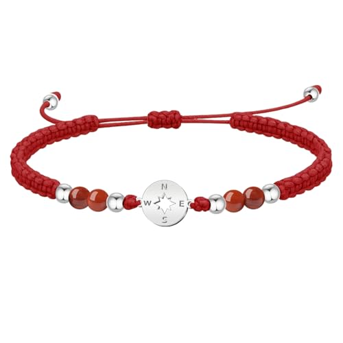 cotigo Pulsera Hilo Encerado con Jaspe Rojo Natural y Brújula en Acero Inoxidable - Amuleto de Protección y Guía Ajustable - Regalo Original para Viajeros Mujer y Hombre (Jaspe Rojo)