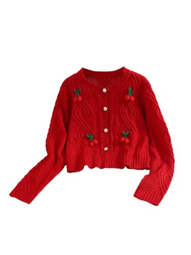 Girl's Cherry Appliques Cardigan Sweaters Button Down Crewneck Long Sleeve Knit Tops