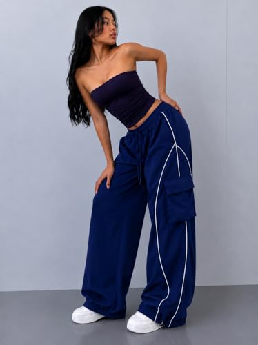 Image of Parachute Baggy Track Pant for Women | Korean Style Loose Fit Wide Leg Cargo Pockets | Piping Casual Trouser