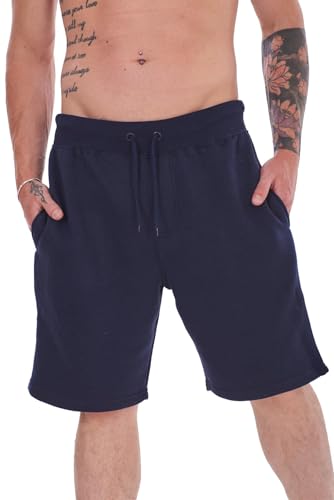 Image of Malay Men's 2 Pack Fleece Jogging Shorts with Zip Pockets, Cotton Polyester Drawstring Sweat Shorts, Ribbed Elasticated Waist (UK, Alpha, L, Regular, Regular, Navy Blue)