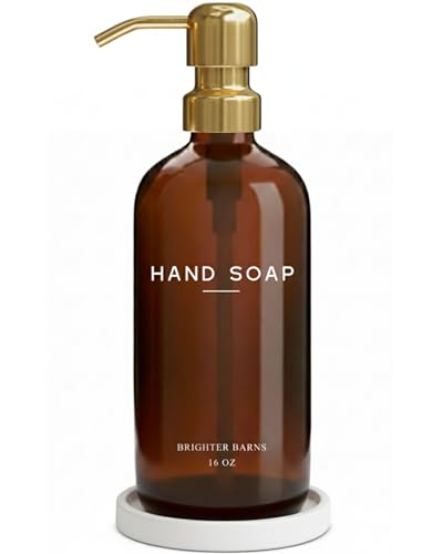Luxury Glass Hand Soap Dispenser Bathroom Set by Brighter Barns - Refillable Liquid Hand Soap Dispenser Set for Kitchen - Gold Bathroom Decor and Accessories for Airbnb, Spa, Hotel, Gifts (Amber/Gold)