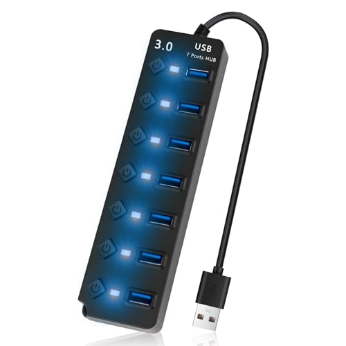 7 in 1 USB 3.0 Hub Mit Einzelschaltern, USB Verteiler F&uuml;r PC, Laptop, 7-Port Multiport Adapter Mit LED Anzeige, USB Hub 3.0 F&uuml;r Externe Festplatten, Drucker, Maus