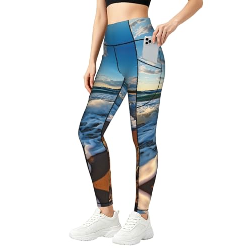 Mallas con estampado de conchas marinas con bolsillos pantalones elásticos