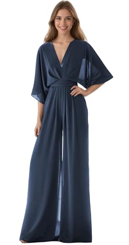 One Piece Jumpsuits for Women Dressy V Neck Batwing Sleeve Wide Leg Long Pants Chiffon Romper with Pockets