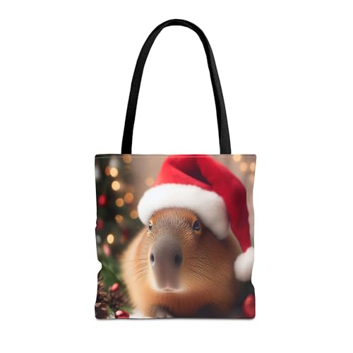 Premium Tote Bag featuring a Christmas Capybara with Santa Hat and Christmas Tree - Reinforced Stitching
