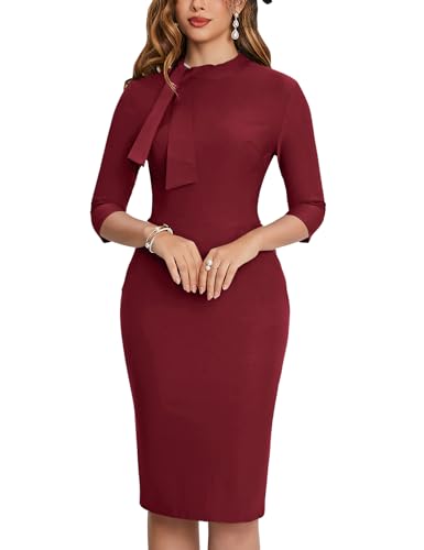 Image of MUXXN Women's Midi Pencil 1950s Vintage Cocktail 3 /4 Sleeve Tie Neck Bodycon Mid-Calf Dress with Pockets