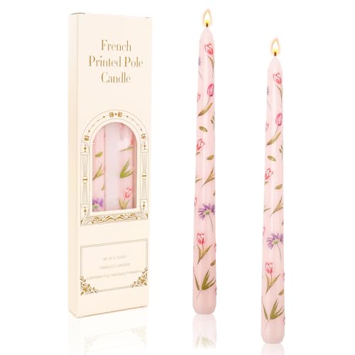 10'' Taper Candle Pink Candle Dinner Candles, Set of 2 Long Tall Tapered Candles Candlesticks for Table Wedding Home Decor (Pink-Flowers)