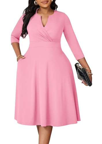 Image of Runwind Women's Plus Size Midi Dress 3 /4 Sleeve Fit and Flare Cocktail Dresses Casual V-Neck Dress with Pockets
