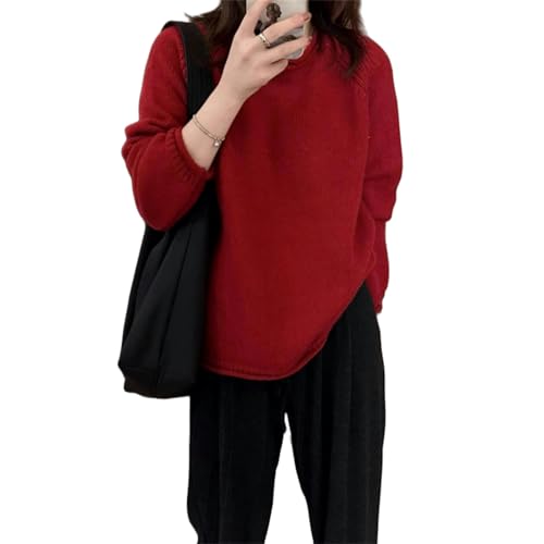 ZXZUCVE Maglione da donna Pullover Morbido E Ceroso Ago Spessore Maglione Per Bordo Di Curling Semplice Per Donne Collo Rotondo Pigro Autunno E Cima Sciolto Invernali Per Donne-Rosso-L 110-120 Catties
