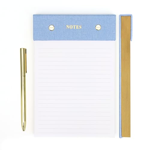 ELYN Lined Notepad, Aesthetic Linen Memo Pad with Matching Gold Gel Pen, 125 Sheets, 8.1 x 5.3 in - 100 GSM Premium Thick Paper, Perforated Pages & Hard Linen Backing, for Work, School or Home (Blue)
