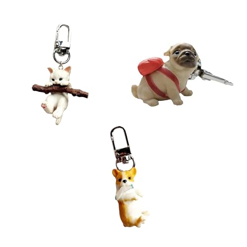 Schlüsselanhänger mit Cartoon-Katze, Hund, süßer Anhänger, Ornament, Schlüsselanhänger, Rucksack-Dekoration für Frauen und Mädchen, Mops-Schlüsselanhänger, Length: 6.2cm
