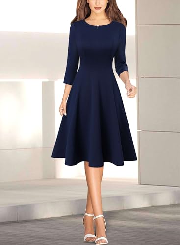 Image of VFSHOW Womens Work Business Front Zipper A-Line Dresses 3 /4 Sleeve Office Church Fit and Flare Skater Swing Knee Length Dress