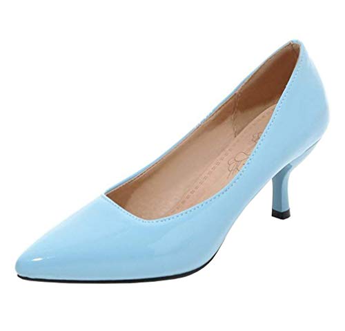 LOVOUO Escarpins Vernis Femme Petit Talon Aiguille Moyen Stiletto Kitten Heel Shoes Chaussure Bout Pointu 6CM (Bleu Ciel, Numeric_39)