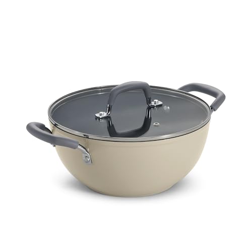 Image of TRAMONTINA Velo 24cm / 3.6L Forged with Ceramic Reinforced Interior Kadai | Tempered GlassLid | Kadhai for Curry, Deep-Fry, Stir-Fry | Silicone Grip Handles | Gas /Induction | Sand Beige