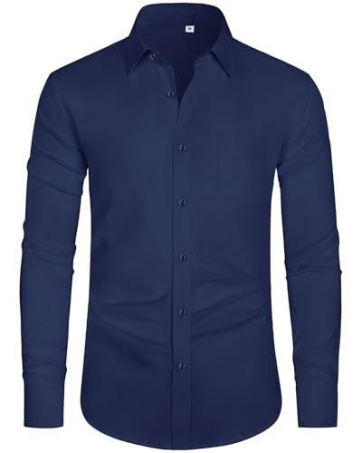J.VER Mens Shirts Long Sleeve Fashion Navy Blue 4-Way Stretch Formal Dress Smart Casual Business Work Button Down Shirt for Men Adult M