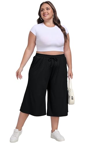 Women's Plus Size Wide Leg Capris Summer Palazzo Lounge Cropped Pants Casual Flowy Capri Pants with Pockets4