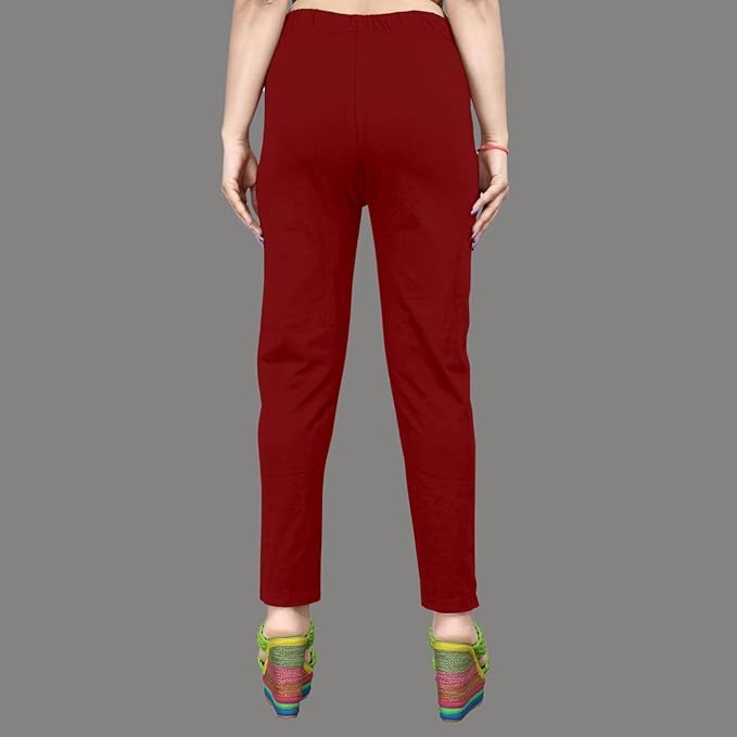 Image of Women's Solid Cotton Lycra Pants-High Waist Slim Fit Stretchable Leggings - Comfortable Long Trousers for Casual, Office & Everyday Wear