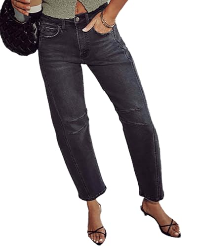 Barrel Jeans for Women Trendy Mid Rise Stretchy Loose Fit Washed Distressed Straight Leg Denim Pants2