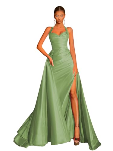 GUKARLEED Women’s Halter Prom Dresses Sweetheart Neck Satin Formal Dress High Slit Evening Gowns Long Wrap Ruched Ball Gown