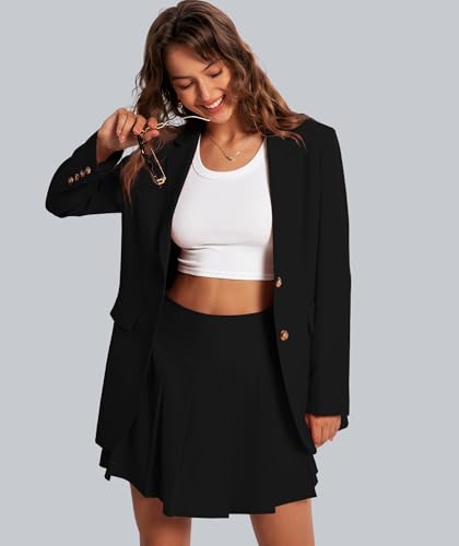 Casly Lamiit Womens Two Piece Skirt Set Business Casual Blazer Outfits High Waisted Pleated Skort Fall Long Sleeve Formal Work Dress Suit Black L - Thumbnail 3