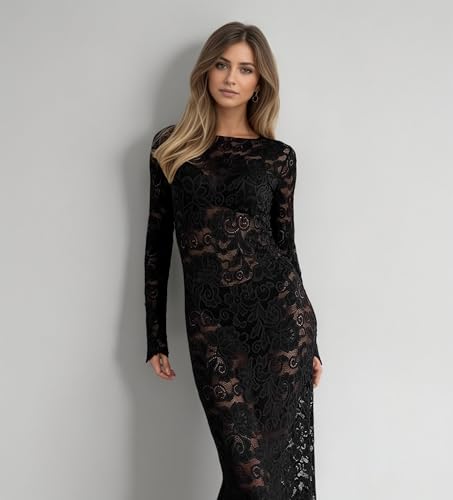 Black Lace Dress See Through Long Sleeve Maxi Dresses Sexy Outfit for Women Elegant Bodycon Cocktail Party Wear4