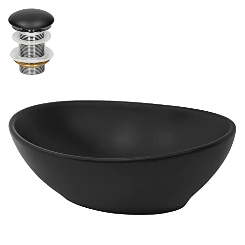 LuxeBath Waschbecken Keramik 410x335x145 mm oval Schwarz mit Ablaufgarnitur Schwarz, Aufsatzwaschbecken für Badezimmer/Gäste-WC, Aufsatzbecken modern, Waschtisch Waschschale Waschplatz Handwaschbecken