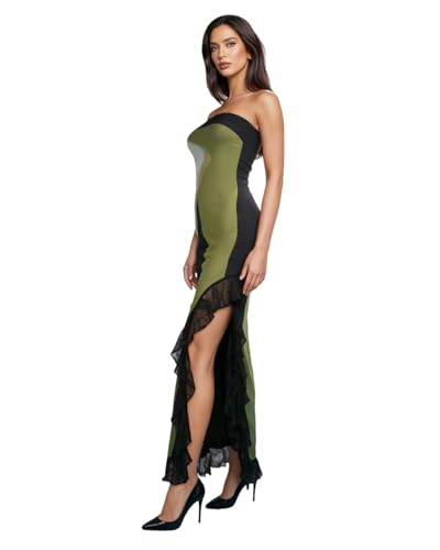 Image of Women's Sexy Strapless Backless High Split Long Maxi Dress Ruched Off Shoulder Sleeveless Bodycon Party Cocktail Dresses