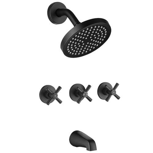 LIWEIKE 3 Handle Tub Shower Faucet, Matte Black Three Handles Shower Faucet Set with Tub and Shower Faucet Combo Rough-in Valve