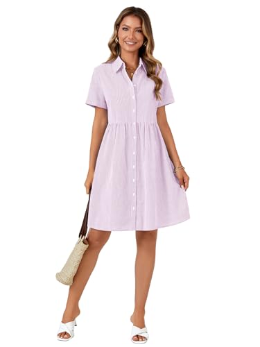 Image of Rooscier Women's Striped Shirt Dress Button Down Collared Short Sleeve Mini Dress