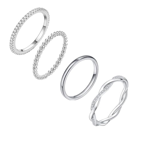 RIXERKOC 4Pcs Bagues en Or Argent pour Femmes, Bagues Empilables en Zircone Cubique Plaquées Or 18K Anneaux de Mariage Anneaux de Fiançailles Cadeau...
