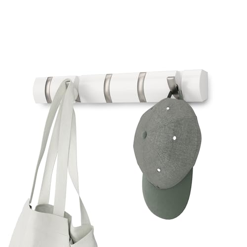 Umbra Flip Wall-Mounted Coat Rack with 5 Hooks – Modern, Space-Saving Storage for Hats, Jackets, Bags, Entryway, Mudroom, Closet, Bathroom, Bedroom – White/Nickel by Umbra - Used condition - US$31.08