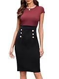 Kikibell Women's Wear to Work Dresses Short Sleeve Colorblock Bodycon Midi Dress Business Office Pencil Dress,Red,Small