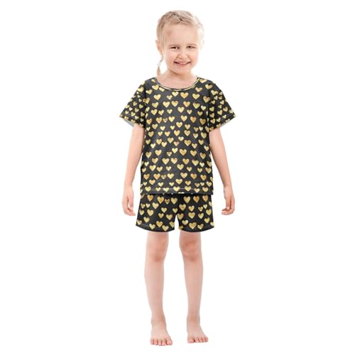 ALAZA Golden Love Heart Black Pajamas Set Short Sleeve Cotton Sleepwear Summer Pjs 2 Piece 5-14Y3