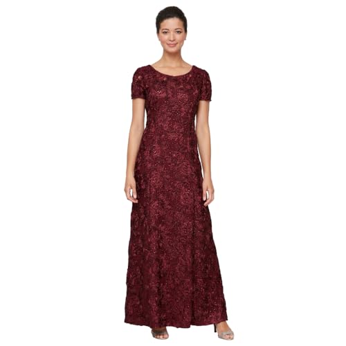 Alex Evenings Women's Long Rosette Mother of The Bride Dress with Short Sleeves