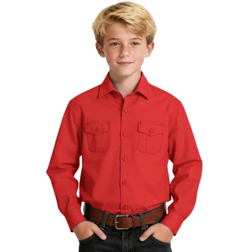 Boys Western Shirt for Kids Long Sleeve Button-Down Cowboy Shirt with Two Pockets, Size 2T-18 Years, Red, 18