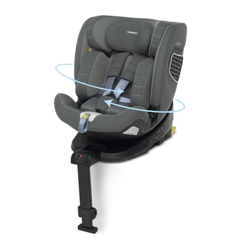 Foppapedretti FP360 I-Size - Asiento de coche giratorio de 360°, para niños de 40 a 150 cm de altura, 0-12 años, cumple con ECE R129, fijación Dualfix (Isofix y no), protección segura del cuerpo, gris