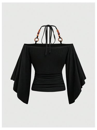 Verdusa Women's Off Shoulder Halter Top Flare Sleeve Ruched Fitted Going Out Tops2