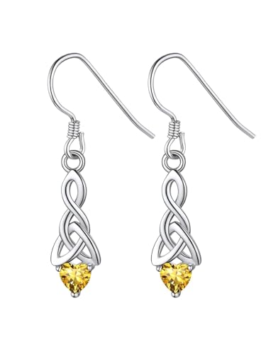FaithHeart November Birthstone Earrings Plain Silver Celtic Lover Knot Earrings for Female Yellow Cubic Zirconia Earrings Hypoallergenic Comfort Fit Design