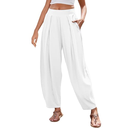 Women’s Linen Harem Pants Casual Loose Fit Boho Pants with Wide Waistband Lounge Trousers for Summer Beach Vacation
