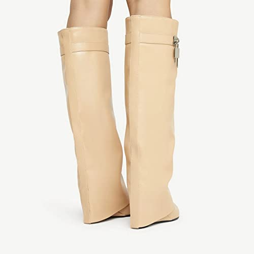 Image of Arqa Knee High Boots Womens Wedge High Heels Shark Boots Fold Over Pull-on Pointed Toe Tall Fashion Boots for Women