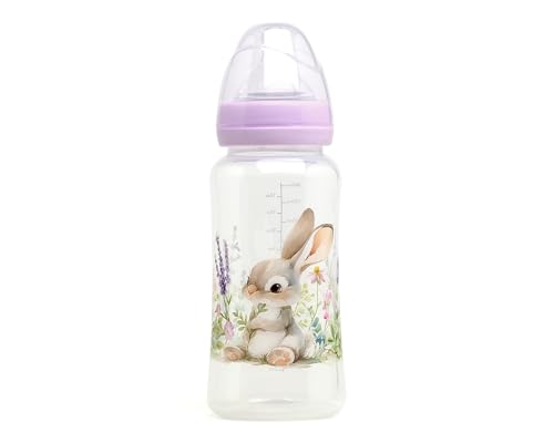 Kiokids | Biberón Anticólicos 360ml | Colección Honey | Boca Ancha | Fácil Llenado y Limpieza | Tetinas Universales | 3 Posiciones | Aptas para Lavavajillas y Esterilizador | Conejo Lavanda | +6 meses