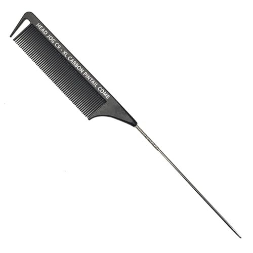 Head Jog C9 Extra Long Pin Tail Carbon Comb. Heat Resistant & Static Free Combs For Hairdressing, Sectioning, Teasing & Styling. Black Carbon Fibre Pintail Comb For Home & Salon Use.
