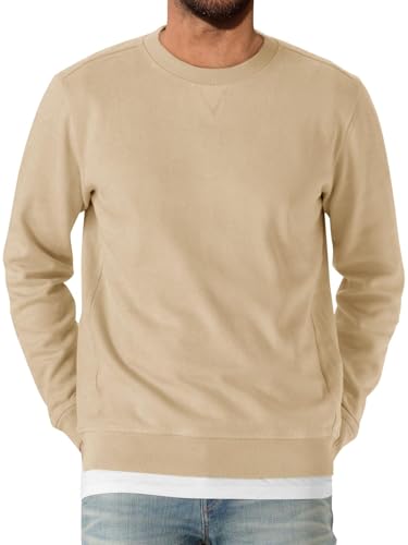 Runcati Herren Sweatshirt Langarm Rundhals Pullover Männer Einfarbig Langarmshirt Basic Freizeit Sport Oberteile Khaki XL