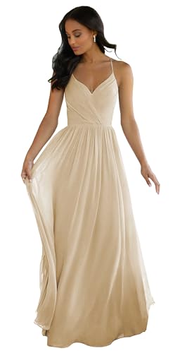 Image of LANGKAAO Women's V Neck Bridesmaid Dresses Long for Wedding A-Line Chiffon Open Back Formal Gown with Pockets